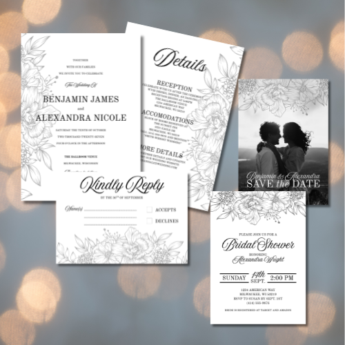 Black and White Floral Wedding invitation BUNDLE