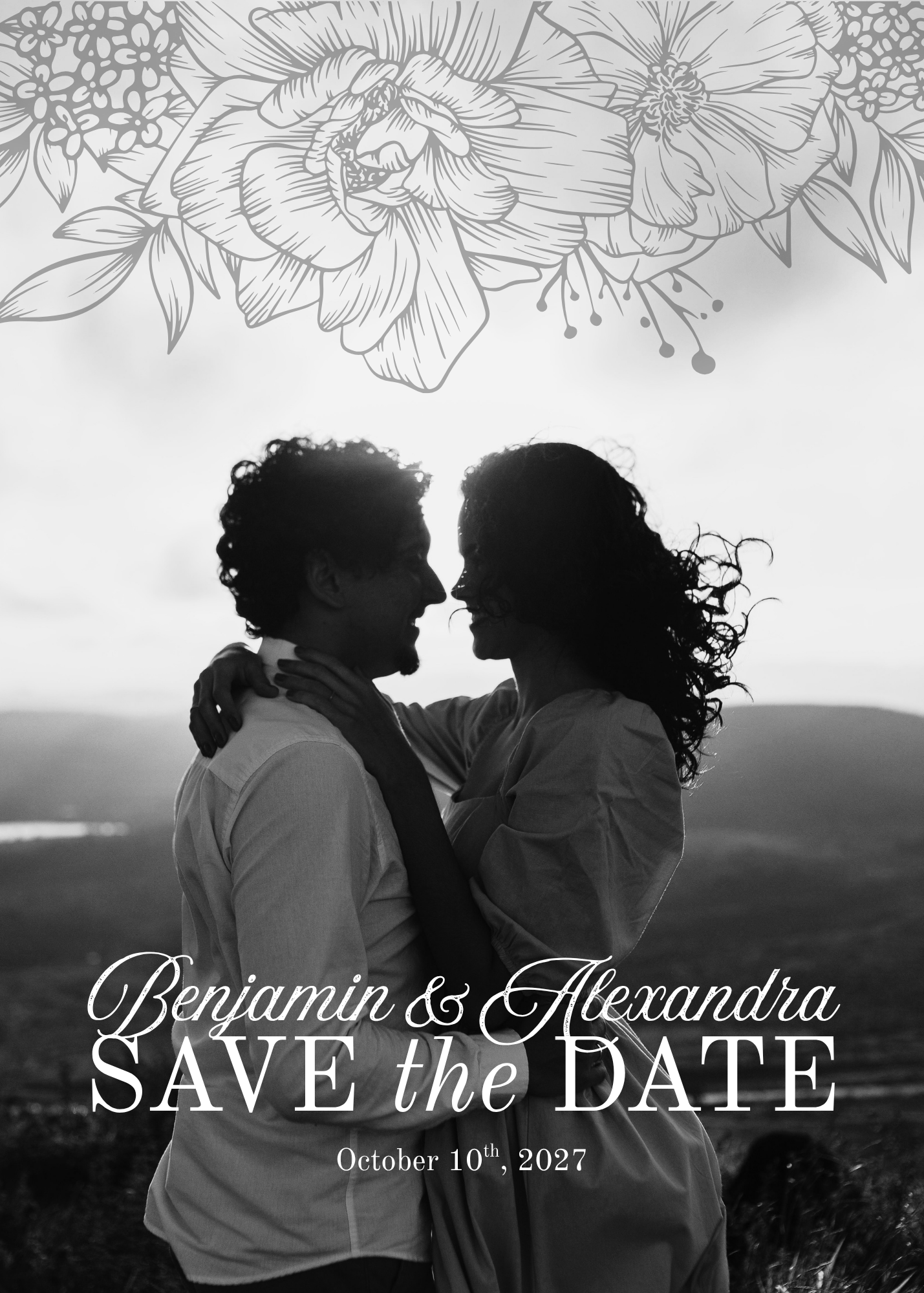 Black and White Floral Wedding invitation BUNDLE